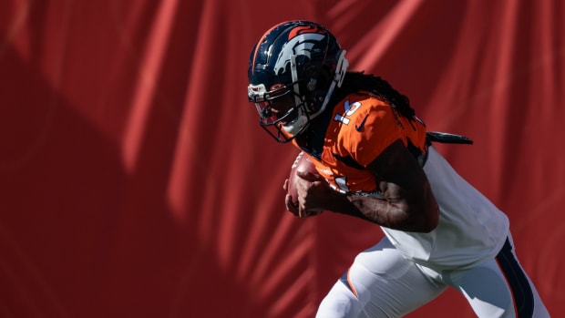 Denver Broncos wide receiver Tyrie Cleveland (16) before the game against the Los Angeles Chargers at Empower Field at Mile High.